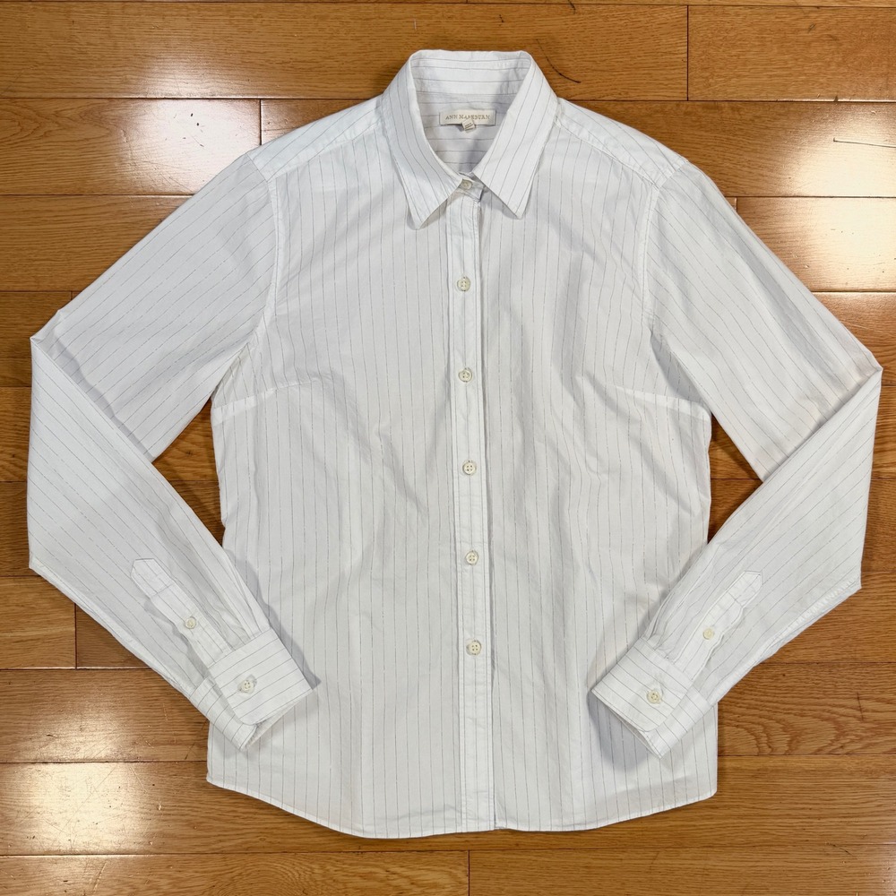 Ann Mashburn Small White Pinstripe‎ Cotton Button Down Shirt Long Sleeve